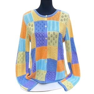 Vintage Talbots Women Sweater M Pastel Colorful Color Block Patchwork Button Up